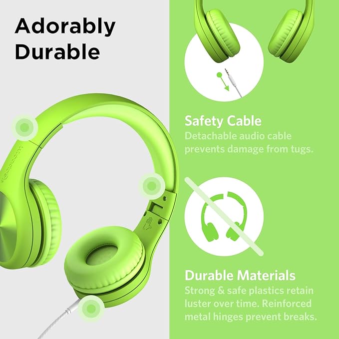 LilGadgets Connect+ Pro Wired Kids Headphones for School w/Microphone, Volume Limiting & Noise Reduction Over-Ear Headset w/Cord, SharePort Technology & SoftTouch Padding, Green Headphones for Kids
