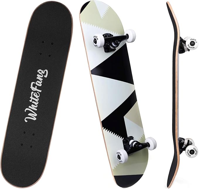WhiteFang Skateboards for Beginners, Complete Skateboard 31 x 7.88, 7 Layer Canadian Maple Double Kick Concave Standard and Tricks Skateboards for Kids and Beginners