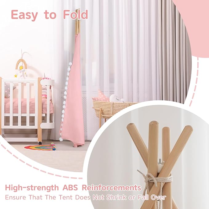 Teepee Tent for Kids with Padded Mat Cotton Canvas Kids Tent with Pompom for Toddlers Indoor Play Tent for Girls Boys with Stars Lights, Carry Bag, Banner Flag (Pink)