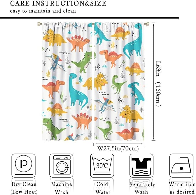 Kids Dinosaur Curtains for Boys Girls Bedroom Decor Cartoon Dino Colorful Cute Funny Animal Wildlife Printed Blackout Rod Pocket Window Drapes for Baby Nursery Playroom W27.5xL63in 2 Panels