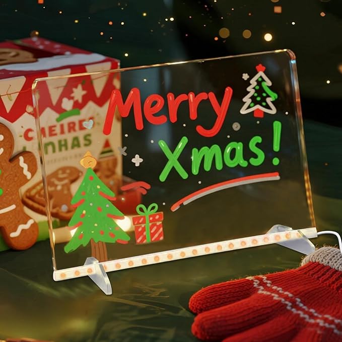 LED Drawing Board with Colors –13.7x9.84 Inch Acrylic Light-Up Message Board, Includes 7 Markers, Adapter, Stand, Hanging Chain, Soft Cloth, Spray Bottle, for Home, Office, Kitchen, and Bedroom
