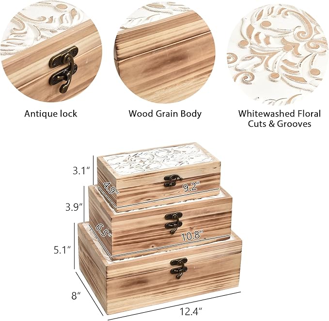 Wooden Box Set of 3 - Rustic Farmhouse Decorative Boxes with Hinged Lid and Carved Design