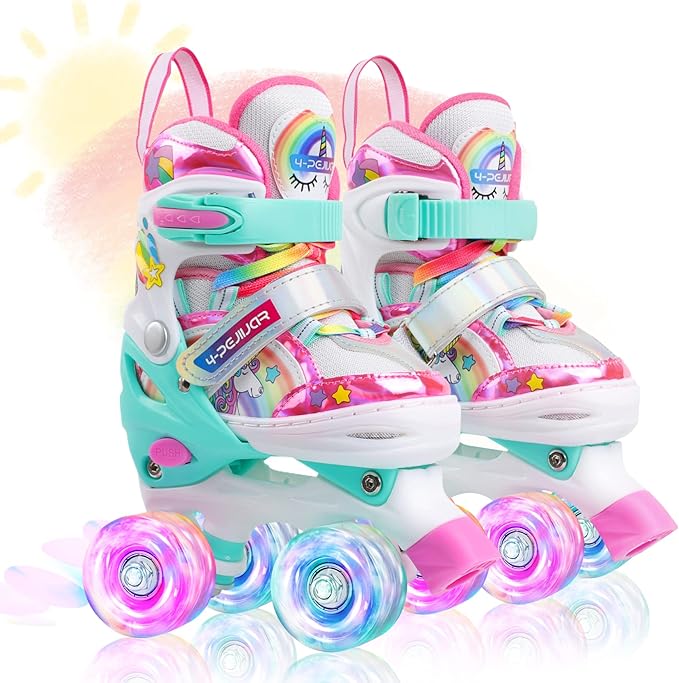 4-Pejiijar Rainbow Unicorn Kids Roller Skates for Girls Toddler Ages 2-4 5-8 8-12,Adjustable Roller Shoes with Luminous Wheels for Birthday Xmas Gifts