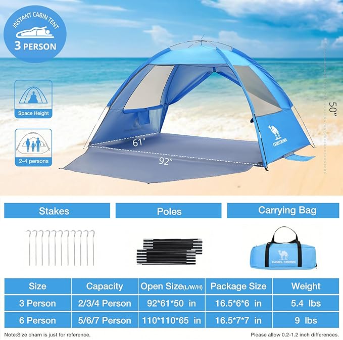 CAMEL CROWN Beach Tent UPF 50+ Sun Shelter for 2/3/5/6 Person, Lightweight Portable Sun Shade with Sand Anchor, Family Beach Day & Outdoor Adventures