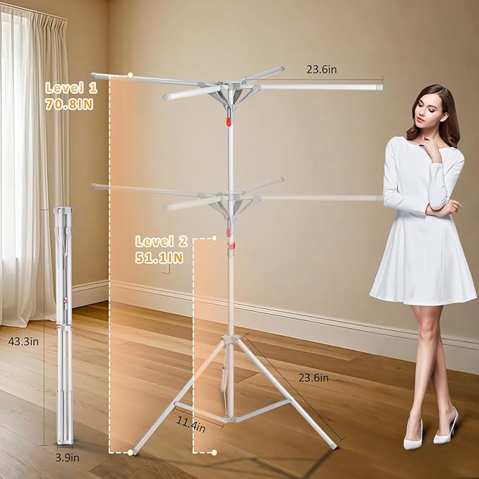 Tripod Drying Rack Height Adjustable, 2025 Upgraded Foldable Portable Standing Drying Rack,Carbon Steel Material Drying Rod, Easy to Install,Use for Indoor and Outdoor Clothes, Towel Drying