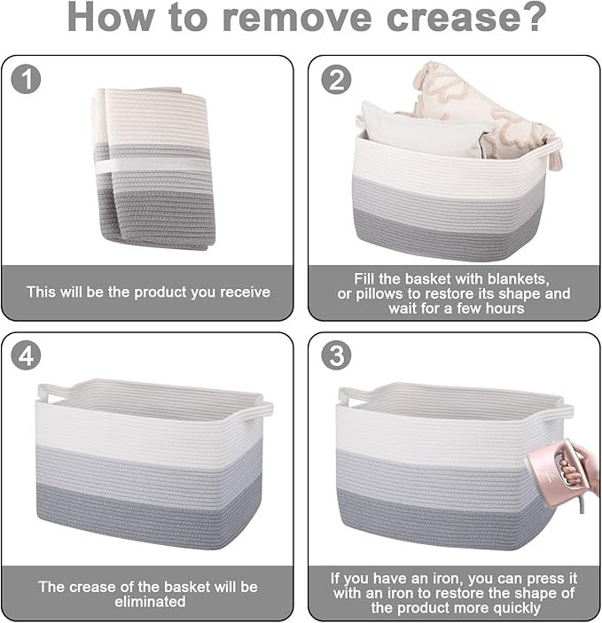 OIAHOMY Rectangle Woven Storage Basket - Nursery Cotton Rope Baskets for Storage, Toy Basket Organizing for Living Room, 17.7"x13.8"x11"- Pack of 3 - Gradient Gray