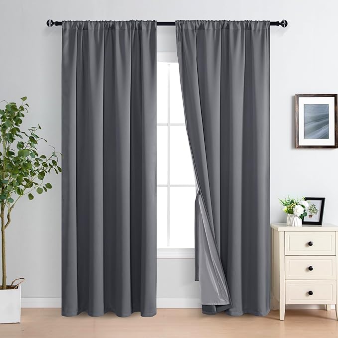 XWZO 100% Blackout Curtains 84 Inches Long with Tiebacks- Heat and Full Light Blocking, Thermal Insulated Window Panels for Bedroom/Nursery, Rod Pocket, Dark Grey, W52 x L84, Set of 2 Draperies