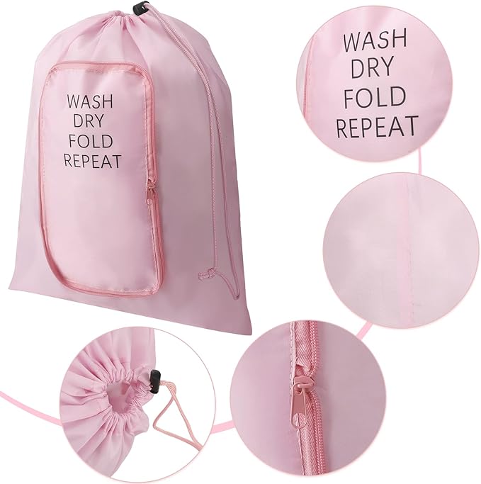 Boao 2 Pcs Travel Laundry Bag Washable Dirty Clothes Bag with Drawstring and Zipper for Suitcase, 22 x 18 Inch (Pink, Gray,Classic)