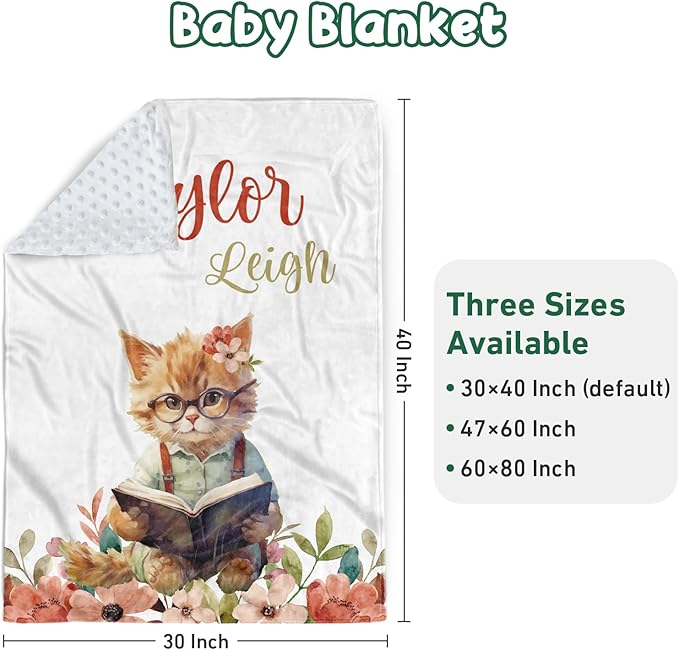 Personalized Baby Crib Bedding Set - Custom Name Cat Theme 3 Pcs Set - Soft Blanket with Double Layer Dotted Backing, Fitted Sheet, Room Rug for Newborns Boys Girls Shower Gift