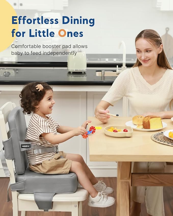 HOMEAL Booster Seat for Kitchen Chair - Compact Toddler Dining Seat with Easy-Install Straps & Wipeable Surface - Breathable Fabric Booster Seat for Table - Light Gray