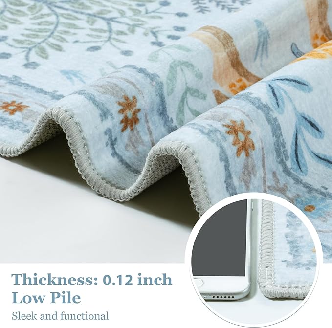 OJIA Animal Print Washable Area Rug 5x7, Soft Nursery Rugs for Living Room Ultra-Thin Non-Shedding Kids Bedroom Rug, Stain Resistant Throw Rug Large Carpet for Dining Room, Light Blue