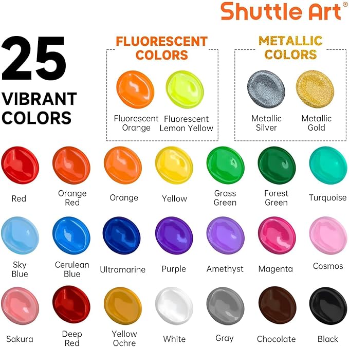 Shuttle Art Acrylic Paint, 25 Colors Acrylic Paint Set, 2oz/60ml Bottles, Rich Pigments Paint for Artists, Beginners and Kids on Canvas Rocks Wood Ceramic Fabric