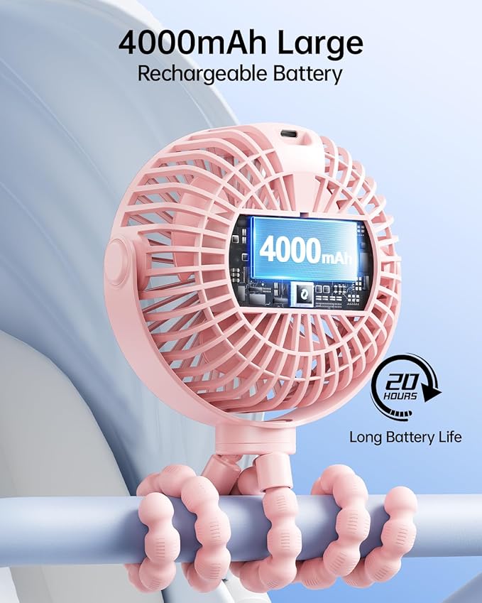 SWEETFULL Portable Stroller Fan with Display 4000mAh Battery Powered Mini Clip On Fan, 4-Speed Rechargeable Small Personal Cooling for Baby Car Seat Crib Travel - Pink
