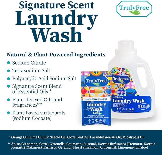 Natural Laundry Detergent for Sensitive Skin | Eco Friendly, Plant Based, Baby Clothes Safe | Clean & Easy Powder to Liquid, 3 Pack Detergent + 1 Refillable Jug | Signature Scent 150 Loads