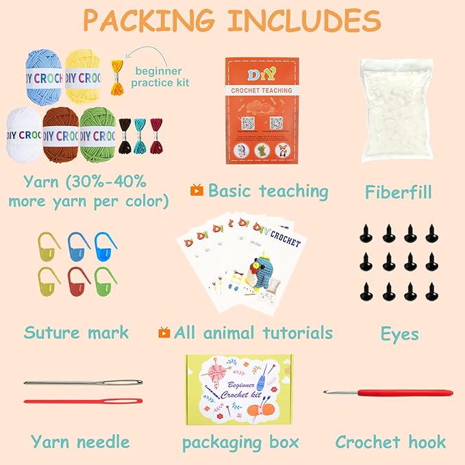 Utook Crochet Kit for Beginners，6 Cute Animals Crochet Kits with Yarn, Crochet Hooks & Accessories | Beginner-Friendly Video Tutorials | Great for Adults & Kids Learning to Crochet
