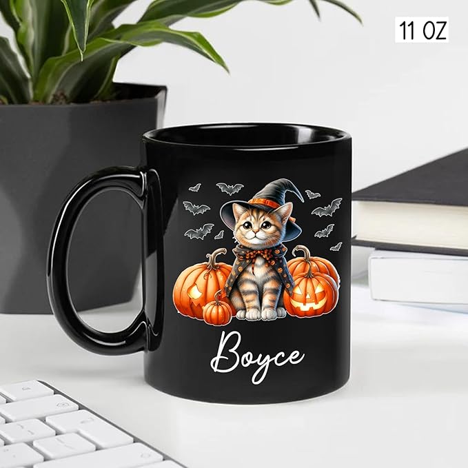 Personalized Ocicat with Pumpkins Halloween Ceramic Cups, Ocicat Wearing Witch Hat Coffee Mug 11oz 15oz, Customized Cat Black Mug with Pet's Name, Halloween Cup Gift for Cat Dad Mom Pet Lover