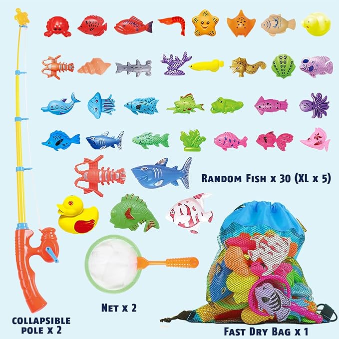 CozyBomB™ Magnetic Fishing Toys Game Set for Kids | Water Table Bathtub Kiddie Pool Party & Pole Rod Net, Plastic Floating Fish Toddler Color Ocean Sea Animals Birthday Age 3 4 5 6 Year