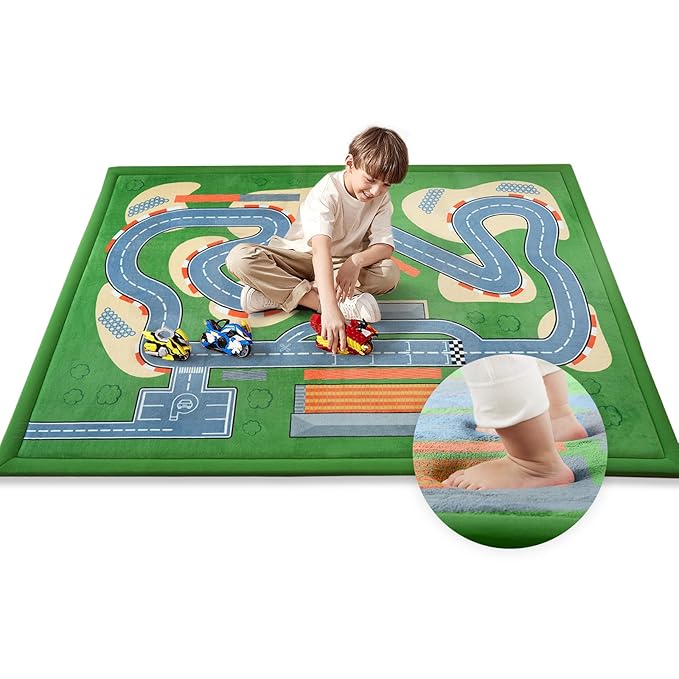 1.3" Thick Educational Baby Floor Play Mat 79x118, Basic Padded Memory Foam Kids Mat, Large Non-Slip Plush Playmat for Nursery Playroom Classroom (Race Track)