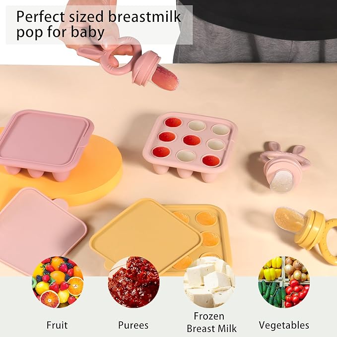 WAJIAYON Baby Food Freezer Tray Silicone Nibble Freezer Tray,Baby Fruit Food Feeder Teether,Breastmilk Popsicle Mold,Babies Breast Milk Teether Pop Maker Maker for Homemade Infant Meals-Pink