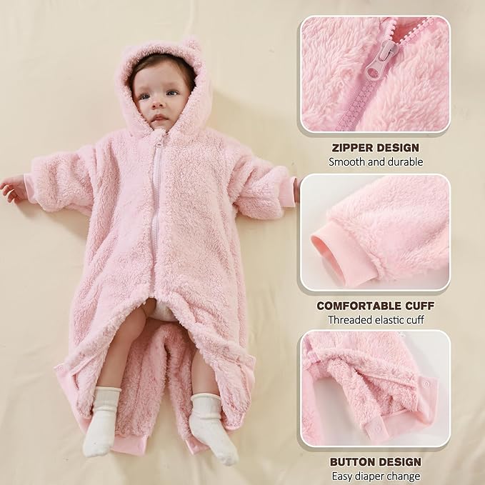 Newborn Baby Bear Outfit Suit Girls Boys Fleece Jumpsuit Romper Hooded Winter Snowsuit Clothes