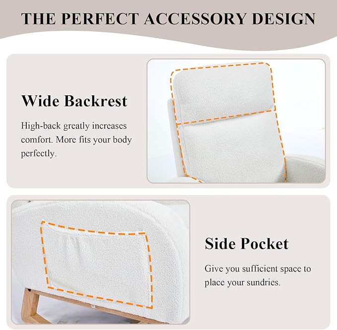 NIOIIKIT Oversized Nursery Rocking Chair, Teddy Upholstered Glider Chair with Footrest, Large Glider Rocker with Side Pocket, Rocking Accent Chair, Glider Recliner for Living Room (White Teddy)