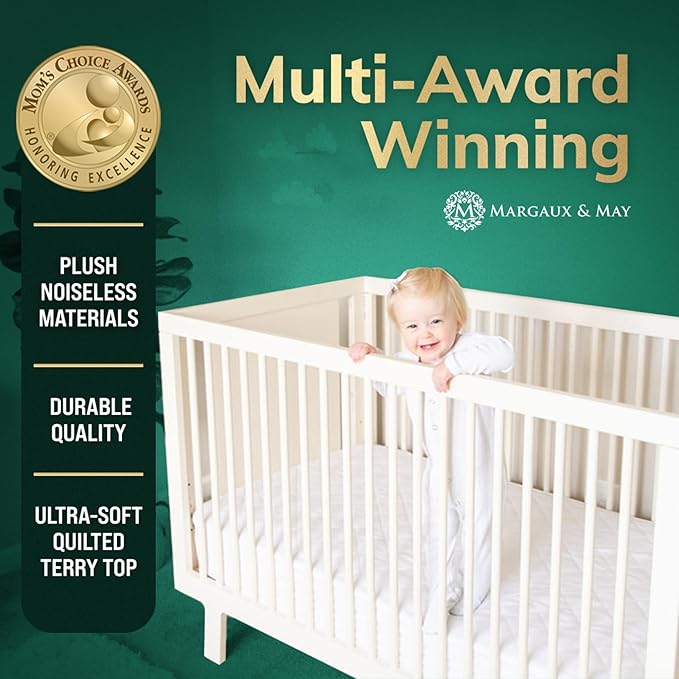 Crib Mattress Protector Pad - Ultra-Soft Waterproof Breathable Premium Bamboo Rayon - Noiseless Fitted Dryer Safe Cover. High Absorbency Oeko-TEX Certified (28 x 52 x 9 inches) MARGAUX & MAY