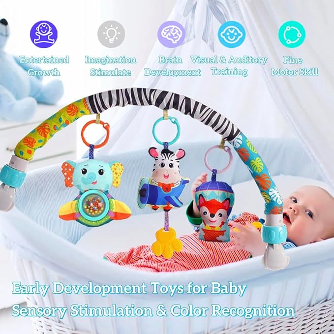 Baby Stroller Arch Mobile With Universal Clamps - Clip-On Activity Bar for Bassinet, Bouncer, Crib, Car Seat - Musical Infant Toys With Elephant Squeaker and Zebra Rattle