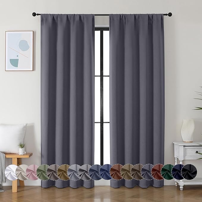 Simplebrand Ava Grey Blackout Curtains for Bedroom 72 Inch Length 2 Panels Set, Privacy Thermal Insulated Rod Pocket Door Window Curtains for Patio French Door Front Door, W40 x L72 Inch, Grey