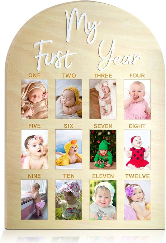 One Year Birthday Wooden Photo Board My First Year Milestone Photo Board 12 Monthly Picture Frame Baby First year Wood Acrylic Sign 1st Birthday Decorations Baby Keepsake Gift (2" x 3" photos - Wallet Size)