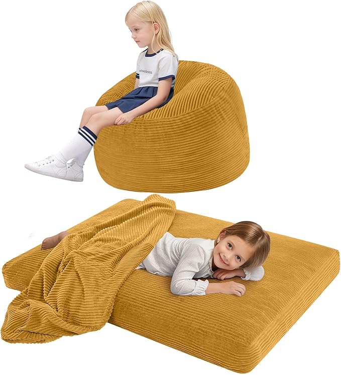 COMAX Kids Bean Bag Chair Turn into Beanbag Bed, Toddler Bean Chair Corduroy for Girl Boy Sleeping, Lazy Children Bean Bags with Filler, Convertible Child Floor Mattress, Yellow