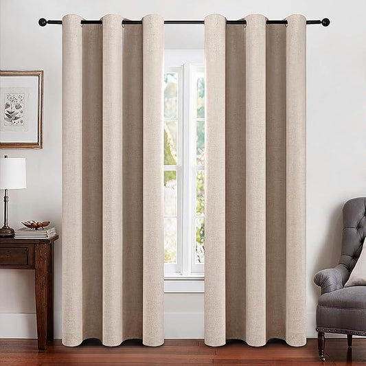 MIULEE Linen Texture Curtains Soild 100% Blackout Thermal Insulated Natural Beige Grommet Room Darkening Curtains & Drapes for Living Room Bedroom Nursery 42 x 90 (2 Panels)