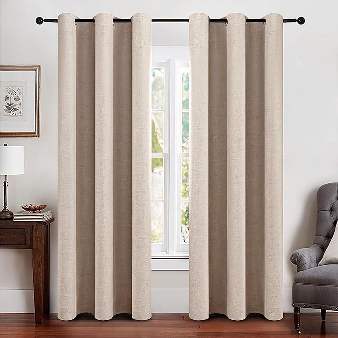 MIULEE 100% Blackout Linen Texture Curtains Soild Thermal Insulated Natural Beige Curtains Grommet Room Darkening Curtains & Drapes for Living Room Bedroom Nursery 42 x 84 (2 Panels)