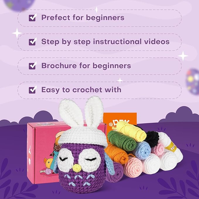 yhwsymgmho Crochet Kit for Beginners:2pcs Animals Crochet Starter Kits with Step-by-Step Video Tutorials,Easy Knitting Set for Adults Kids,DIY Crocheting Doll Gift(Bunny and owl)