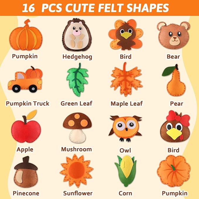 ZOIIWA 16 Sets Fall Sewing Kit Autumn DIY Stuffed Craft Kit Fall Pumpkin DIY Sewing Set for Kids Thanksgiving Felt Ornaments Decorations for Beginners Educational Craft Toys Gifts for Boys Girls