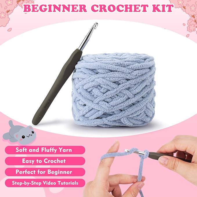 Crochet Kit for Beginners - 2PCS Kitty Crochet Kit with Step-by-Step Video Tutorials, Crochet Starter Kit for Adults and Kids, Learn to Crochet Cat, Beginner Crocheting Kit Easy Peasy Yarn