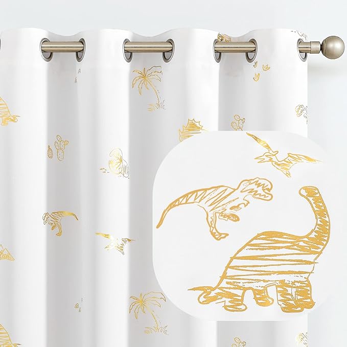 Vangao Kids Curtains White Drapes Dinosaur Curtains for Boys Kids Nursery Girls Room Golden Dino Foil Print Light Filtering Grommet Top Window Drapes 63 Inches Length 2 Panels