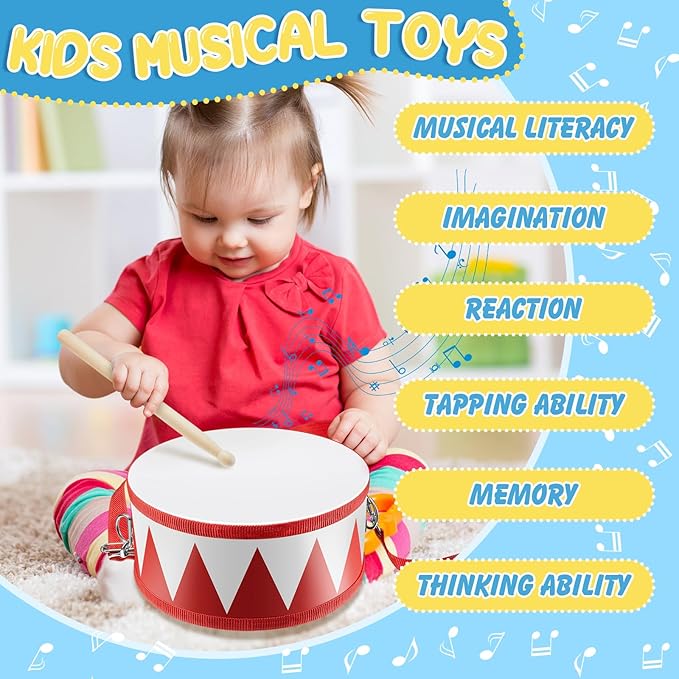 Boao 4 Pcs Kids Drum Set, 8 Inch Toddler Drum Wooden Toy with Adjustable Strap and 4 Drumsticks, Educational Sensory Musical Instrument for Toddlers Kid Baby Boys Girls Gift (Flag)