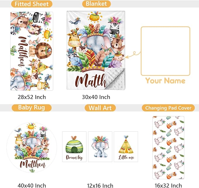 Custom Crib Bedding Set, 5 Pcs Customized Baby Crib Set with Name, Double Layer Baby Bedding Set for Girls Boys, Personalized for Nursery Infants Toddlers, Cute Animals