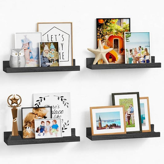 Forbena Black Floating Shelves for Wall with Lip Set of 4, Small Picture Ledge Shelf for Living Room Bedroom Books, Wood Wall Mounted Shelves for Bathroom Decor Entryway Kitchen Storage (Black)