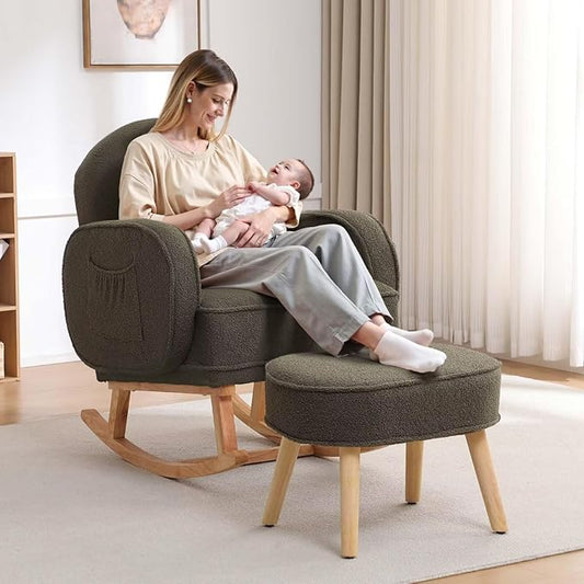 Rocking Chair with Ottoman, Upholstered Nursery Glider Rocker with High Backrest and Side Pocket, Teddy Rocking Accent Armchair with Solid Wood Legs for Nursery, Living Room, Bedroom Green