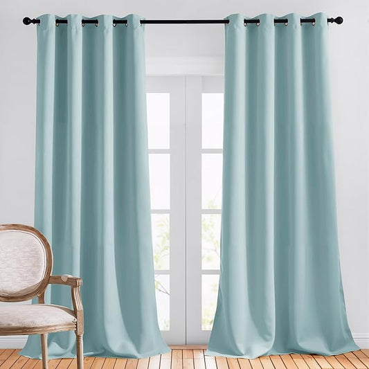 NICETOWN Sky Blue Curtains for Kids Room - Triple Weave Microfiber Home Thermal Insulated Solid Ring Top Blackout Panels/Drapes for Bedroom(Sky Blue, Set of 2, 52 x 95 Inch)