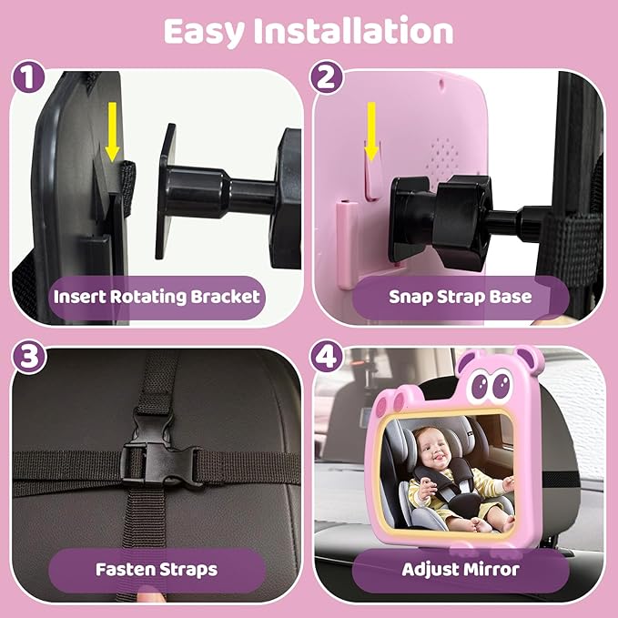 2-in-1 Baby Car Mirror with Lights & Soft Sounds, Cry Detector, Clear Night View, 360° Rotation, Shatterproof, Rear Facing Baby Car Seat Mirror with Remote Control, Perfect Baby Shower Gifts (Pink)