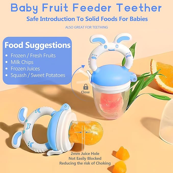 WAJIAYON Baby Fruit Feeder Pacifier | 2 Infant Food Feeder Pacifier & 2 Baby Food Dispensing Spoon | Fresh Fruit Teethers for Babies | Silicone Feeder Babies,Infant Teething Feeders (Blue-Rabbit)
