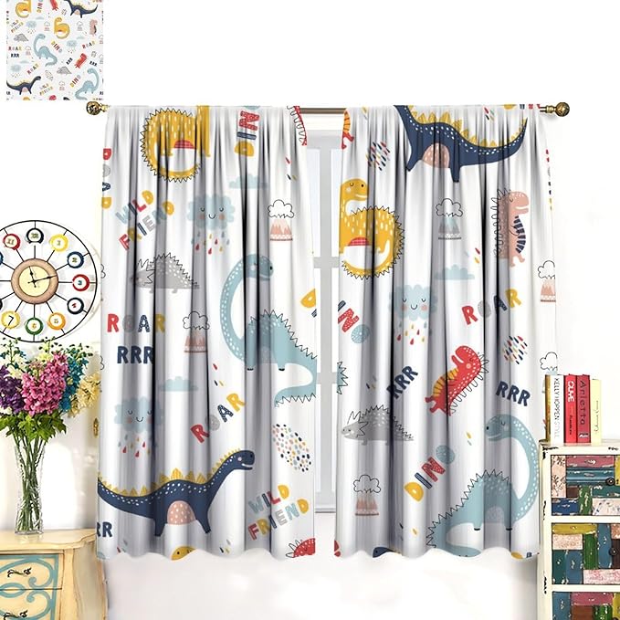 Cartoon Dinosaur Curtains for Kids Boys Girls Home Decor Colorful Cute Dino Animals Print Pattern Rod Pocket Blackout Window Drapes for Nursery Baby Bedroom Playroom W31.5xL72in 2 Panels