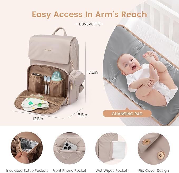 LOVEVOOK Diaper Bag Backpack, Baby Travel Bags for Boys & Girl, Toddler Waterproof Diaper Bag w/Changing Pad, Stroller Straps, Pacifier Case, Newborn Essentials Must Haves Mom