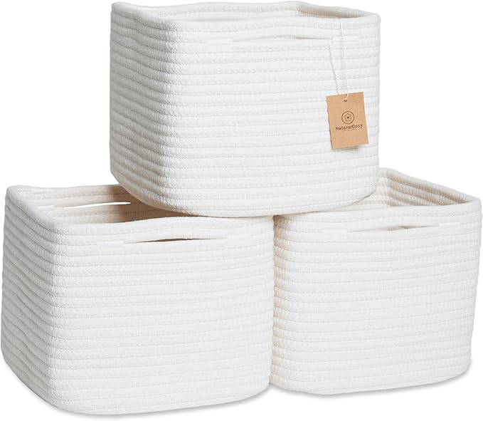 NaturalCozy Storage Cubes 9”x9”x7”Cotton Rope Woven Baskets for Organizing 3-Pack | 9 Inch Cube Storage Bin | Small Basket for Shelf Nursery, Pantry, Decorative Plant, Bathroom Closet, Toy Gift