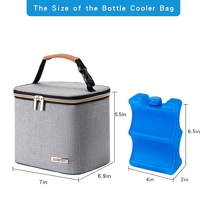 Breast Milk Cooler Bag with Ice Pack Fits 4 Large Baby Bottles Up to 5 Ounce, Baby Bottle Cooler Bag Great for Nursing Mom Daycare, Grey