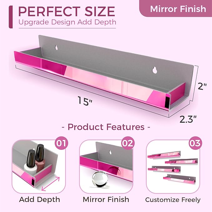 4 Pack 15 Inch Pink Reflective Acrylic Shelves, Pink Floating Shelves, Modern Sunglasses Essential Oil Picture Ledge Display Toy Storage Shelf