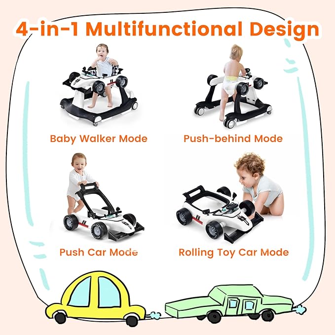 HONEY JOY 4-in-1 Baby Walker, Activity Push Walker w/3 Adjustable Heights, Smooth Wheels w/Adjustable Speed, Padded Seat, Music & Light, Foldable Car Walker for Baby Boys Girls Age 6 Months+ (White)