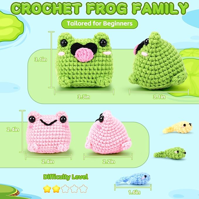 Crochet Kit for Beginners - Frog Family Crochet Kits with Step-by-Step Video Tutorials, Beginner Crochet Kit for Adults and Kids, 2 PCS Frogs and 3 PCS Tadpoles Crocheting Set